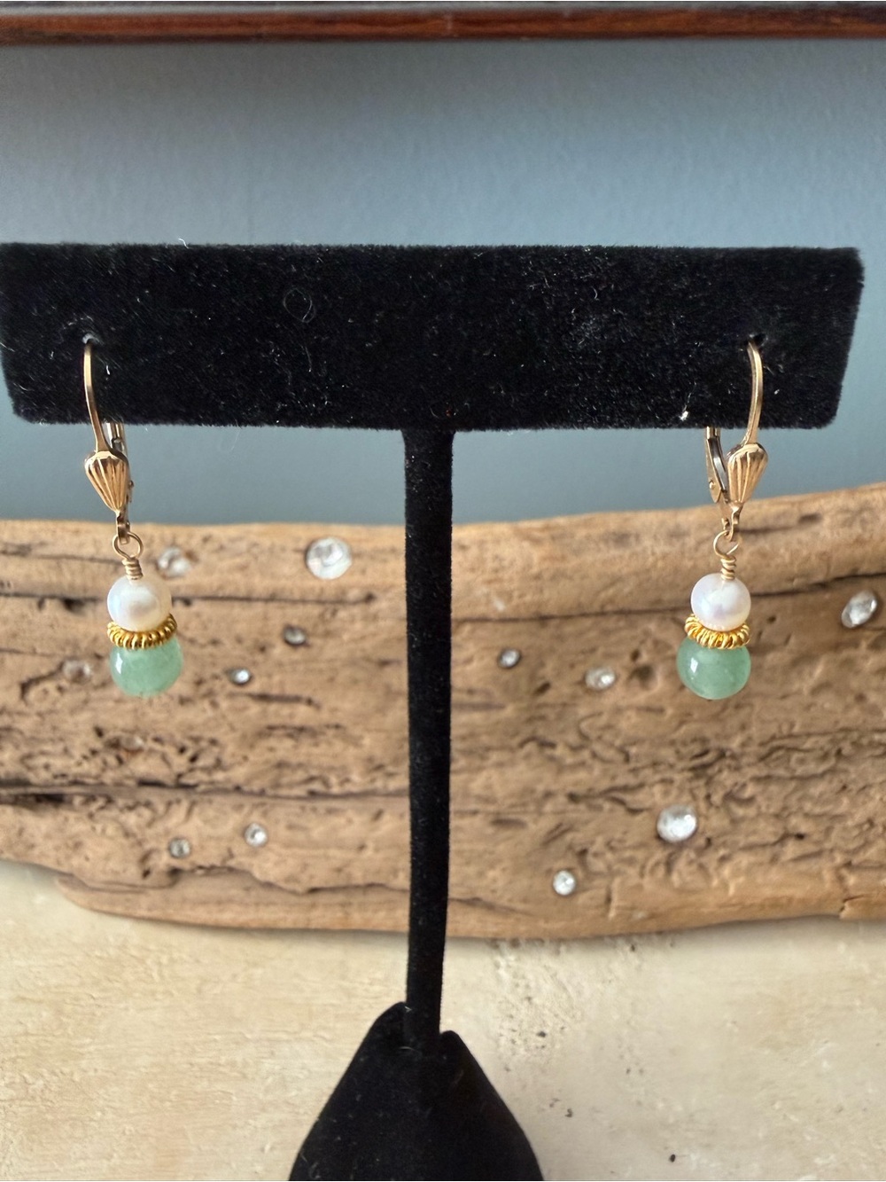 Gold-Filled Sterling Silver Pearl and Green Jade Drop Earrings